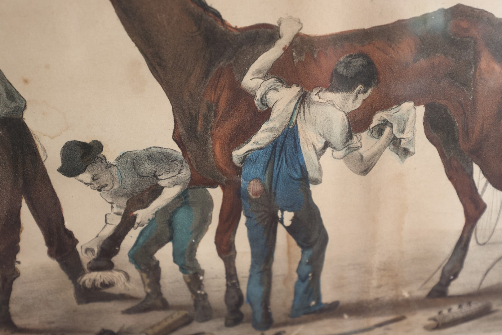 Lot 021 - Antique Horse Racisng Caricature Lithograph, "A Crack Trotter Between The Heats," Horse Drinking Whiskey, Currier And Ives, 1875, Tears