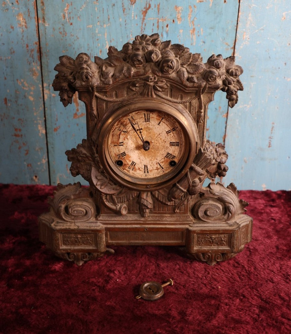 Lot 026 - Antique Metal Clock With Wood Backing And Pendulum, Untested Unworking, Decorative, Roses Motif