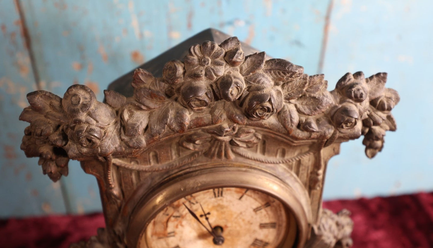 Lot 026 - Antique Metal Clock With Wood Backing And Pendulum, Untested Unworking, Decorative, Roses Motif