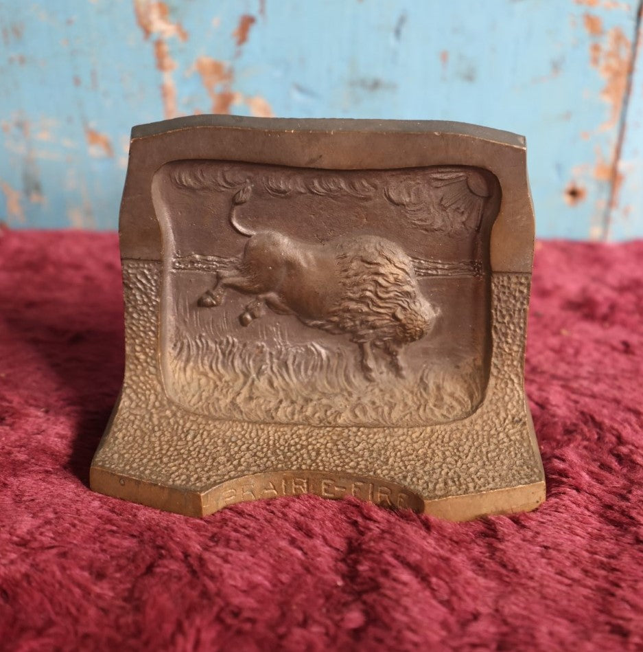 Lot 028 - Antique Cast Brass Or Cast Iron Book End Single Of American Bison Buffalo Running From Flames, Titled "Praire Fire"