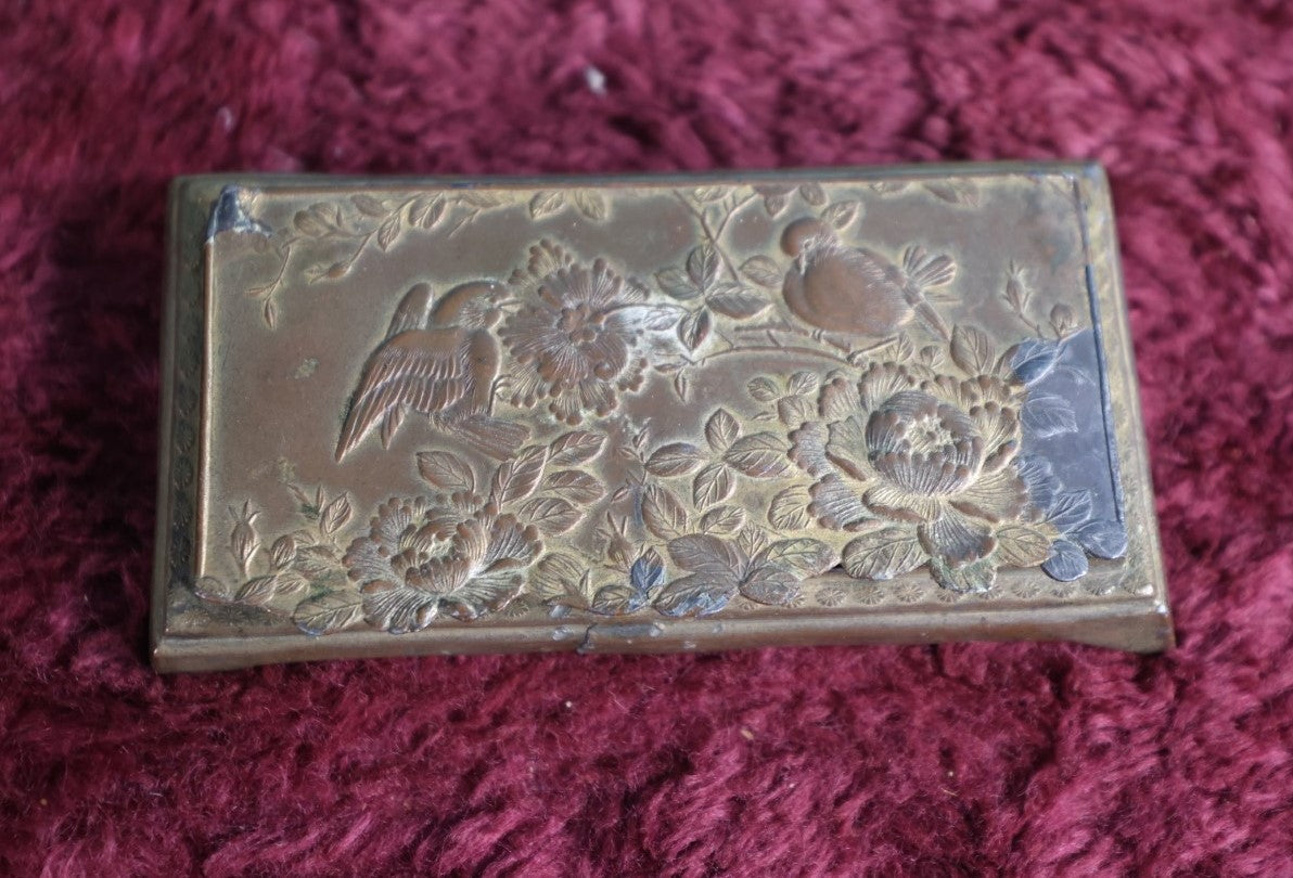 Lot 029 - Vintage Brass Stamp Box With Birds Motif, Hinged Lid