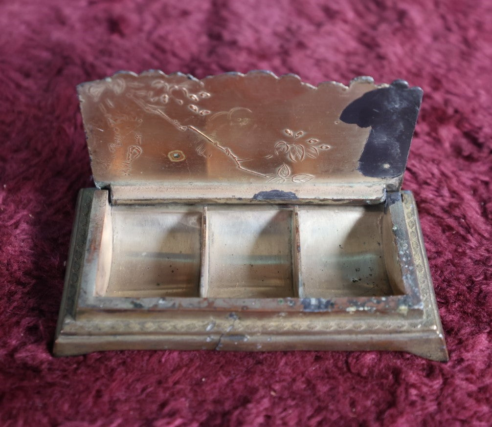 Lot 029 - Vintage Brass Stamp Box With Birds Motif, Hinged Lid