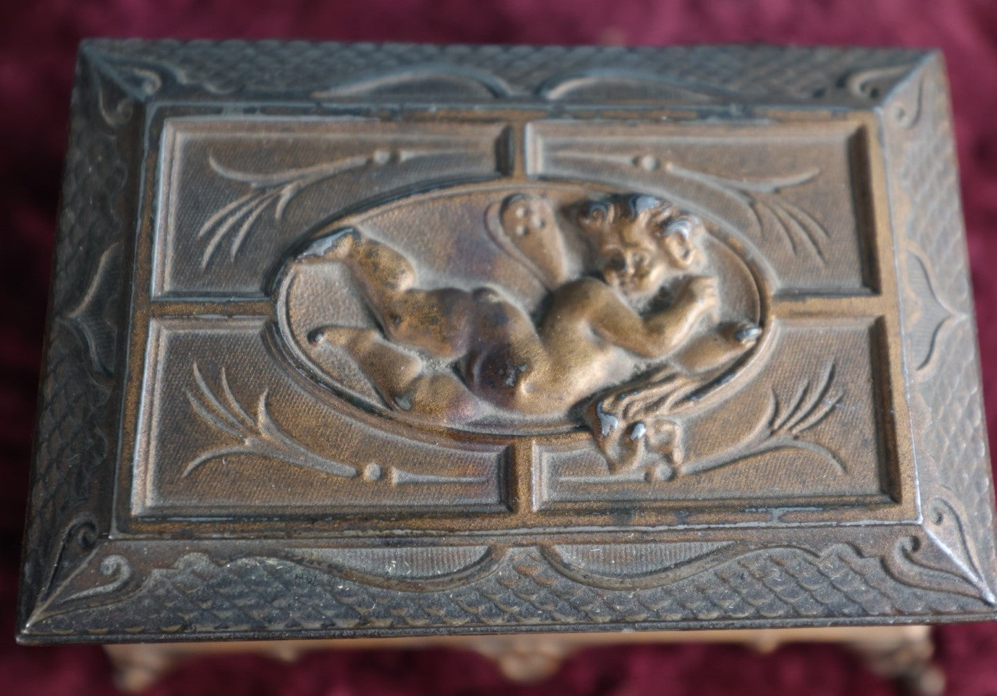 Lot 031 - Antique Pot Metal Match Safe With Cupid Motif, Ornate With Match Strike And Small Box On The Inside, Feet, Etc