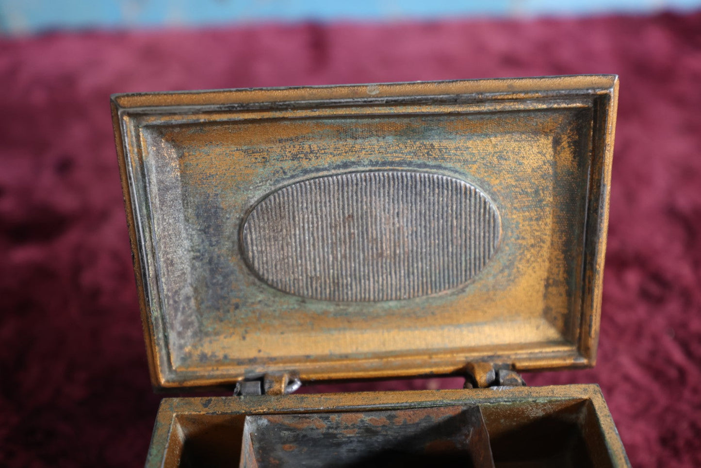 Lot 031 - Antique Pot Metal Match Safe With Cupid Motif, Ornate With Match Strike And Small Box On The Inside, Feet, Etc