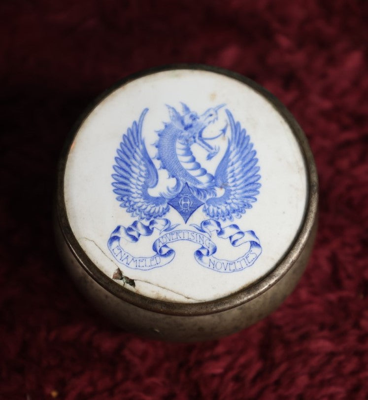 Lot 035 - Antique Advertising Tin Pot With Enamel Plaque Of Winged Dragon, "Enamel Advertising Novelties," By O'Hara Waltham Opal Co., Waltham, Massachusetts