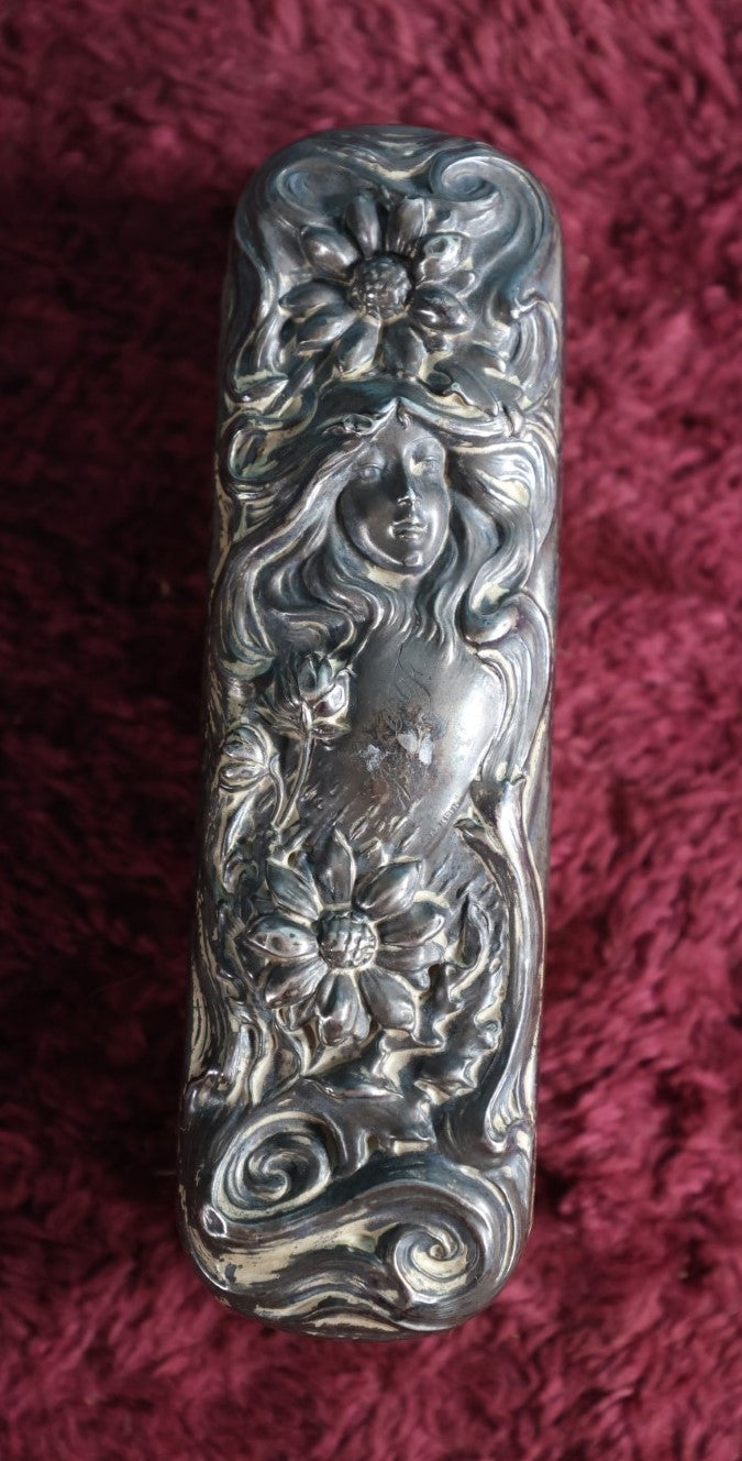 Lot 037 - Antique Art Nouveau Sterling Silver Dresser Brush With Woman Face Motif, Marked Sterling, Monogrammed J.G.F.