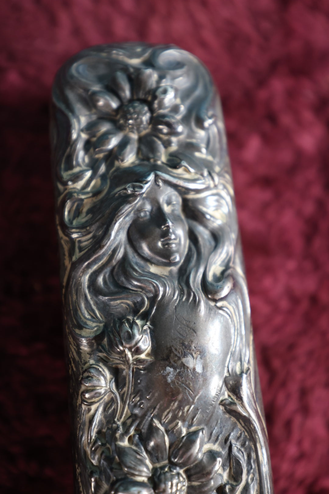 Lot 037 - Antique Art Nouveau Sterling Silver Dresser Brush With Woman Face Motif, Marked Sterling, Monogrammed J.G.F.