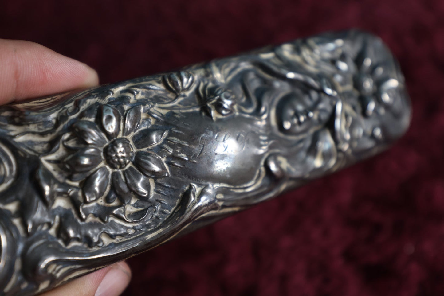 Lot 037 - Antique Art Nouveau Sterling Silver Dresser Brush With Woman Face Motif, Marked Sterling, Monogrammed J.G.F.