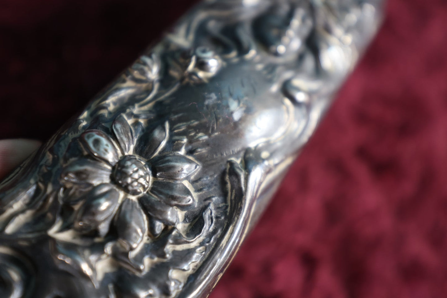 Lot 037 - Antique Art Nouveau Sterling Silver Dresser Brush With Woman Face Motif, Marked Sterling, Monogrammed J.G.F.