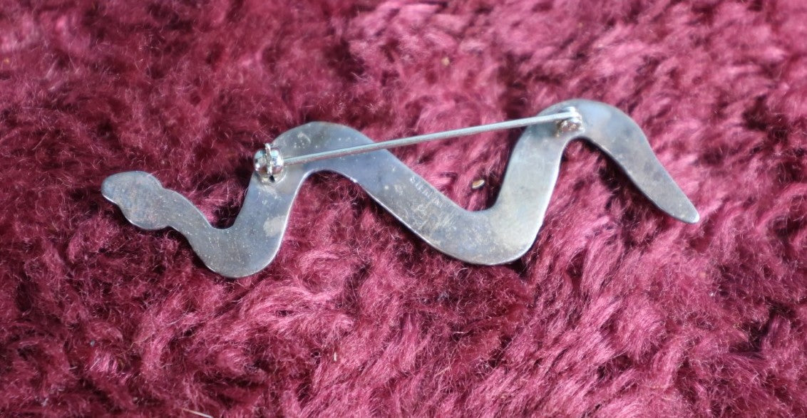 Lot 038 - Vintage Sterling Silver Flat Snake Brooch, Marked Sterling, Pinback