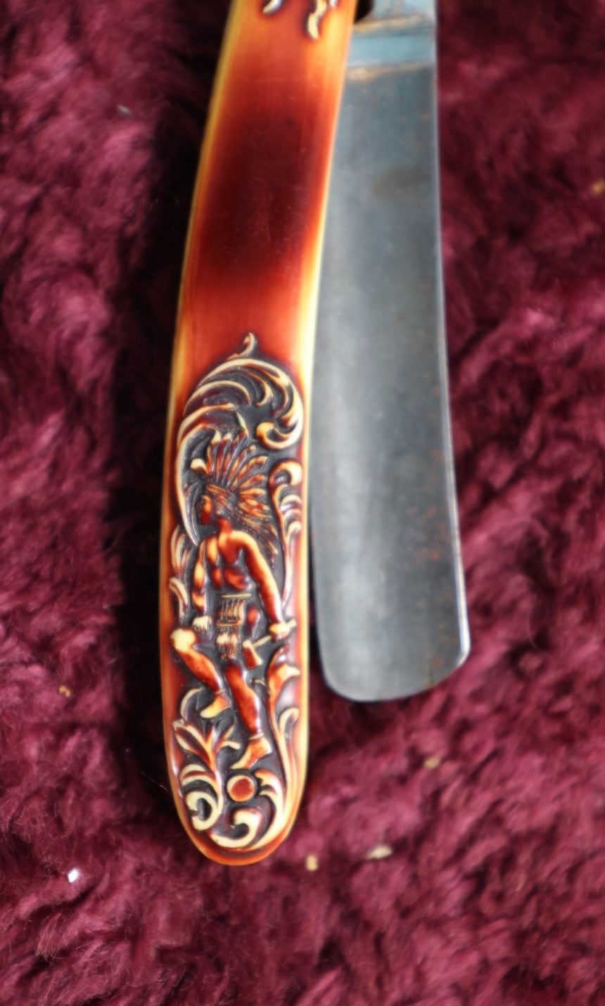 Lot 045 - Antique Barbershop Straight Razor With Native American Indian Brave Soldier Motif, Case Codes Not Match, No. 9302, By Clauss, Fremont, California