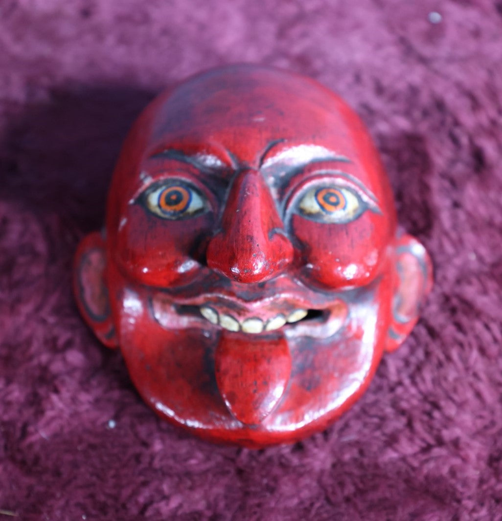 Lot 049 - Vintage Hand Carved Red Face Devil-Like Mask With Tongue Sticking Out, Nepalese, Himalayan, Red Mask Of Joker