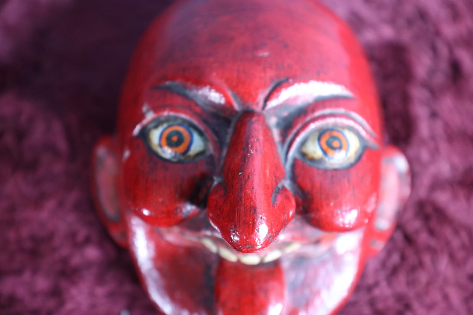 Lot 049 - Vintage Hand Carved Red Face Devil-Like Mask With Tongue Sticking Out, Nepalese, Himalayan, Red Mask Of Joker