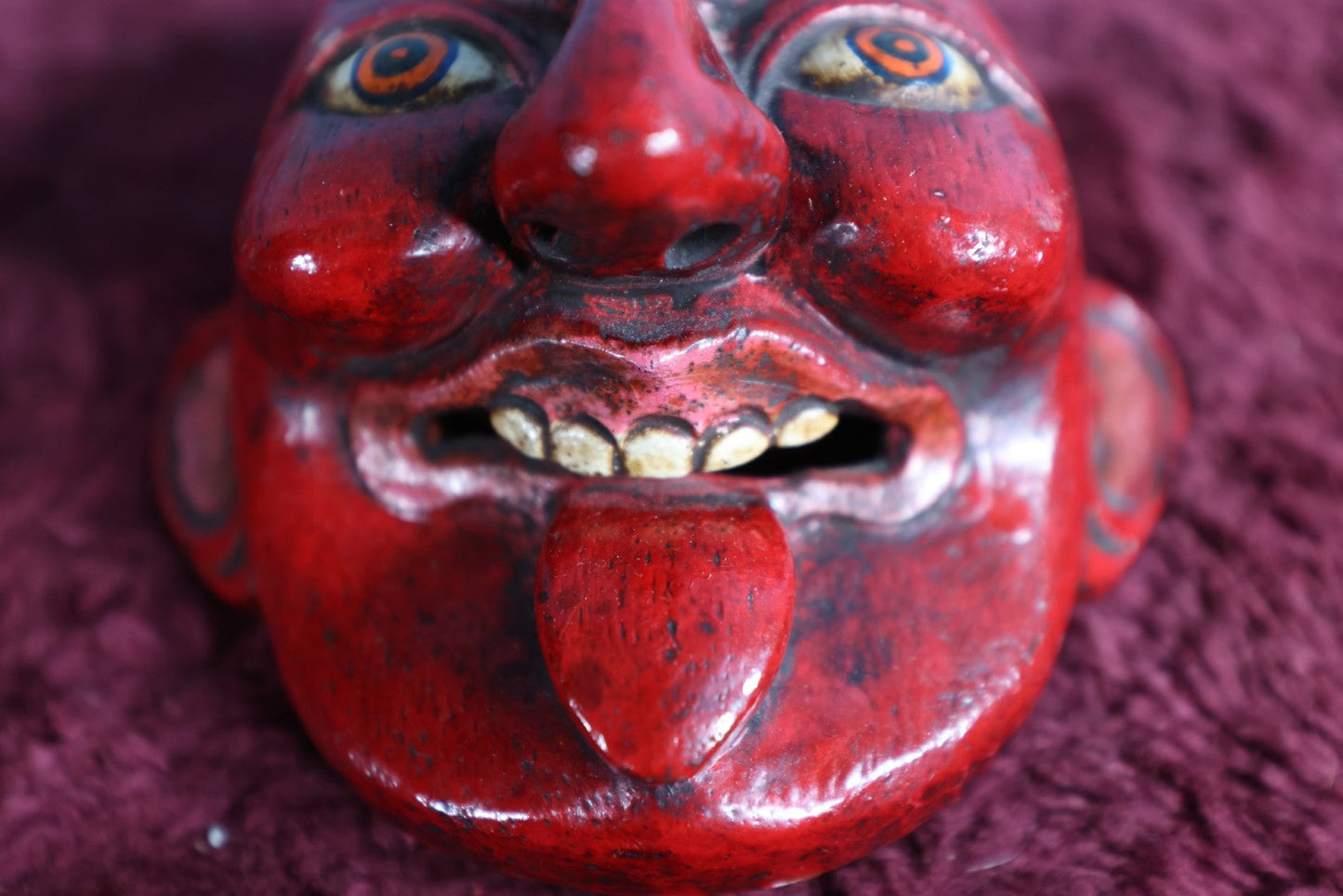 Lot 049 - Vintage Hand Carved Red Face Devil-Like Mask With Tongue Sticking Out, Nepalese, Himalayan, Red Mask Of Joker