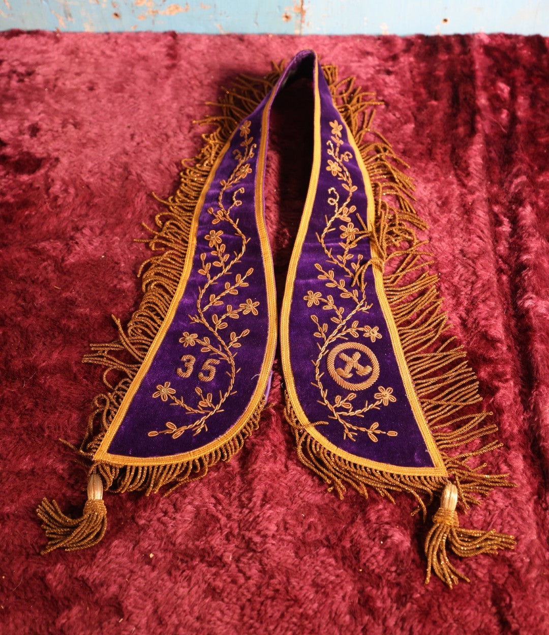 Lot 057 - Antique Purple Masonic Odd Fellows Rebekah Sash Collar, Lodge 35, Metal Embroidery, Belonged To Annie Goodrich, Manufactured By The Bruce Regalia Company, Worcester, Massachusetts