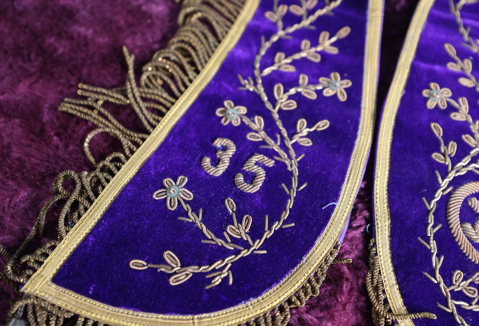 Lot 057 - Antique Purple Masonic Odd Fellows Rebekah Sash Collar, Lodge 35, Metal Embroidery, Belonged To Annie Goodrich, Manufactured By The Bruce Regalia Company, Worcester, Massachusetts