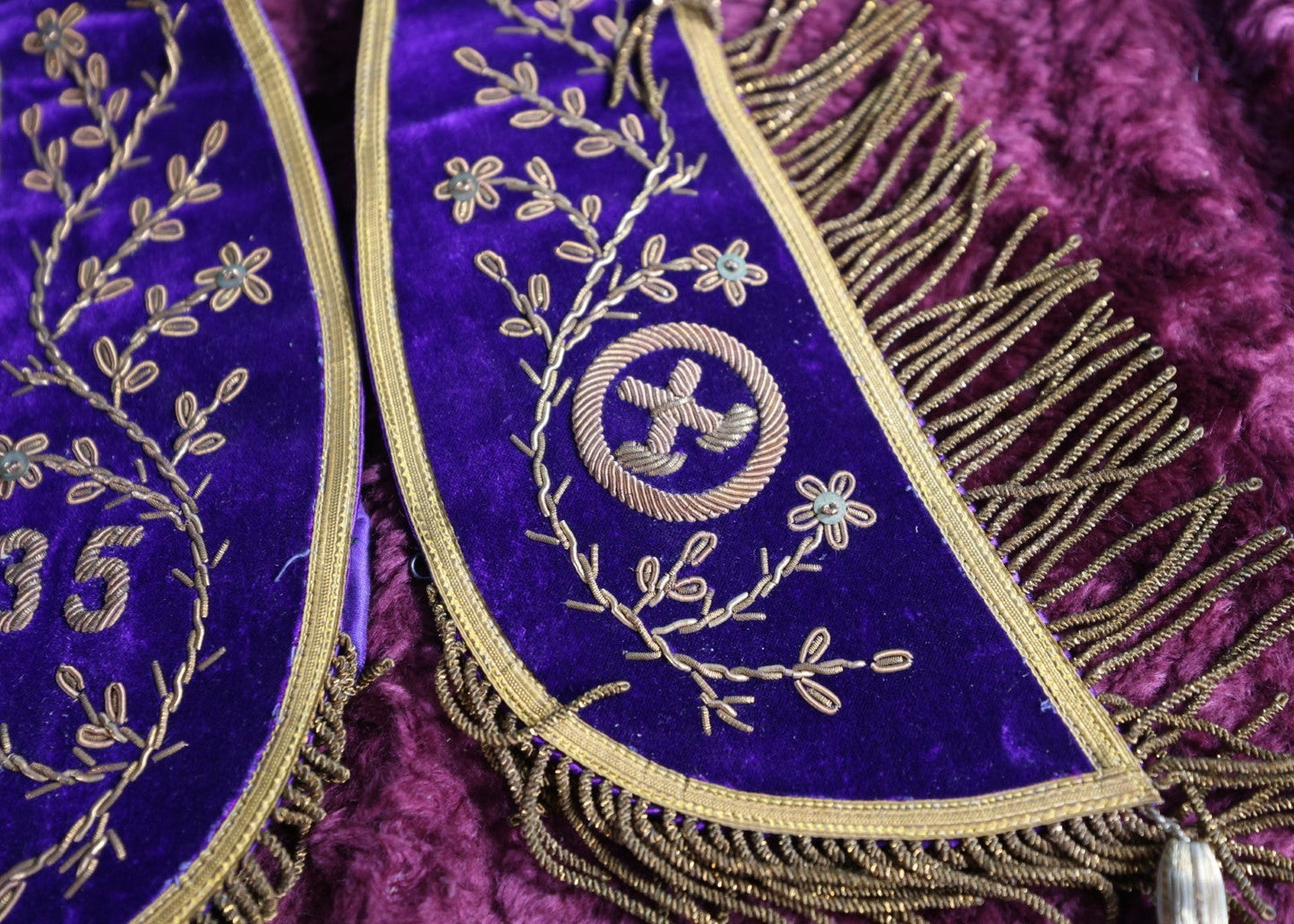 Lot 057 - Antique Purple Masonic Odd Fellows Rebekah Sash Collar, Lodge 35, Metal Embroidery, Belonged To Annie Goodrich, Manufactured By The Bruce Regalia Company, Worcester, Massachusetts