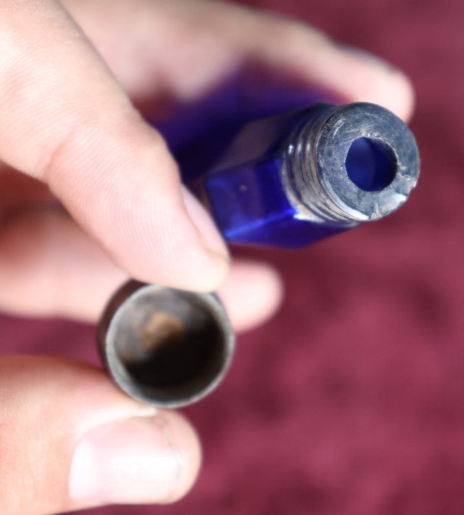 Lot 059 - Antique Cobalt Blue Glass Perfume Bottle Scent Vial With Screw On Tin Cap With Flower Motif, Possibly French