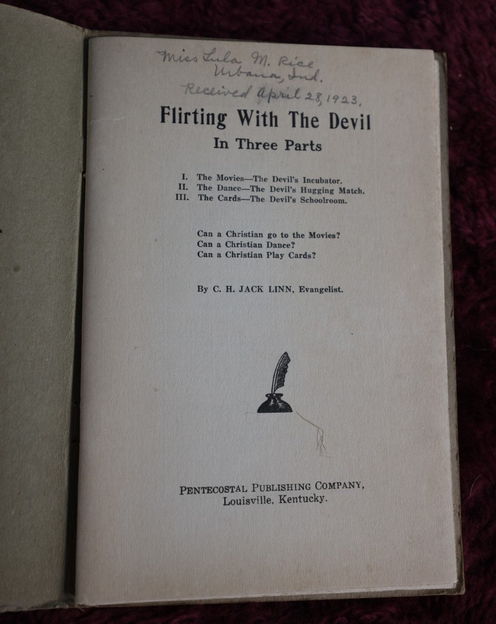 Lot 065 - Antique 1923 Flirting With The Devil Religious Propaganda Pamphlet Against Movies, Dancing, Cards, By C.H. Jack Linn, Evangelist