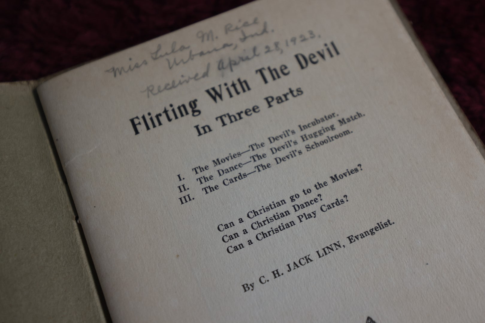 Lot 065 - Antique 1923 Flirting With The Devil Religious Propaganda Pamphlet Against Movies, Dancing, Cards, By C.H. Jack Linn, Evangelist