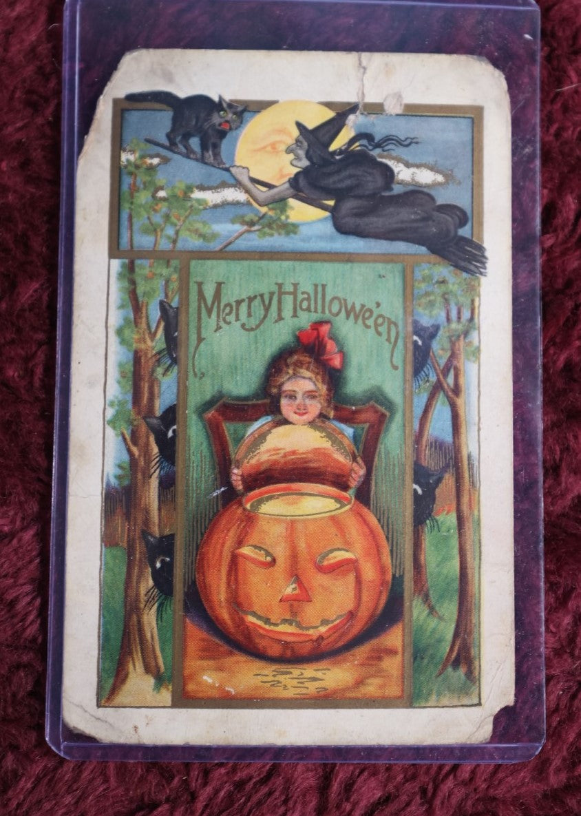 Lot 067 - Antique Merry Halloween Postcard With Girl With Jack O-Lantern, Witch Flying Above With Cat Familiar, Note Losses, Bends, Damage