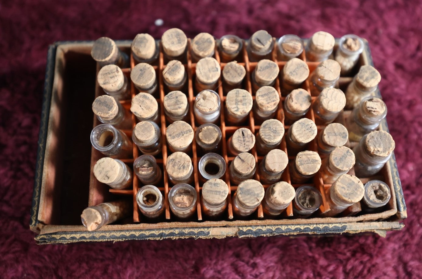 Lot 070 - Antique Traveling Apothecary Kit With Dozens Of Corked Glass Vials And Contents, Including Canabis And More