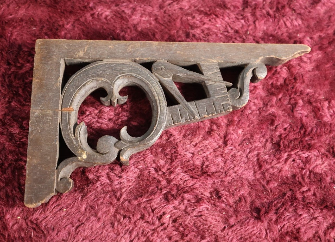 Lot 073 - Antique Hand Carved Folk Art Wooden Bracket With Masonic Freemasons Motif, Compass, And Square, Single