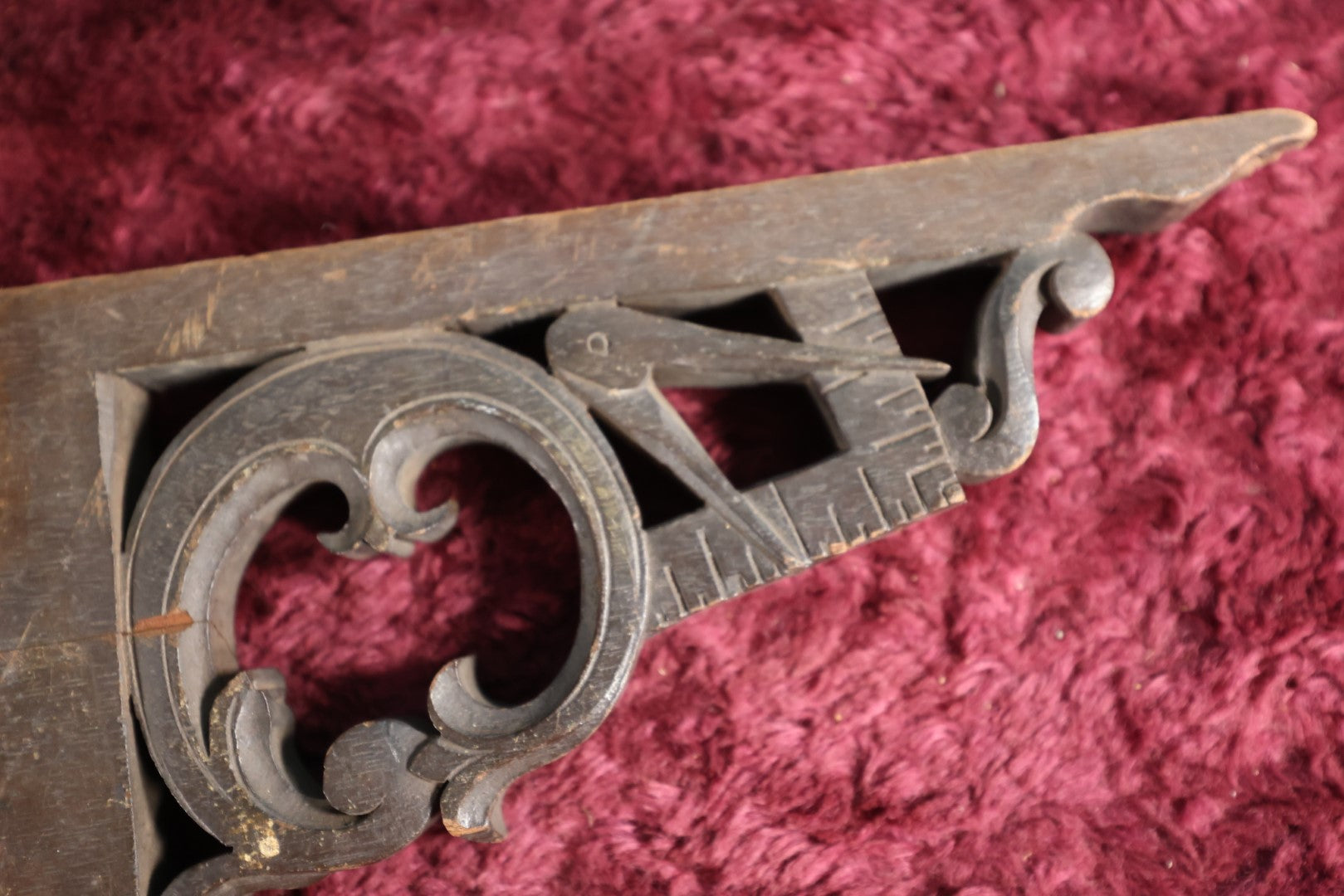 Lot 073 - Antique Hand Carved Folk Art Wooden Bracket With Masonic Freemasons Motif, Compass, And Square, Single