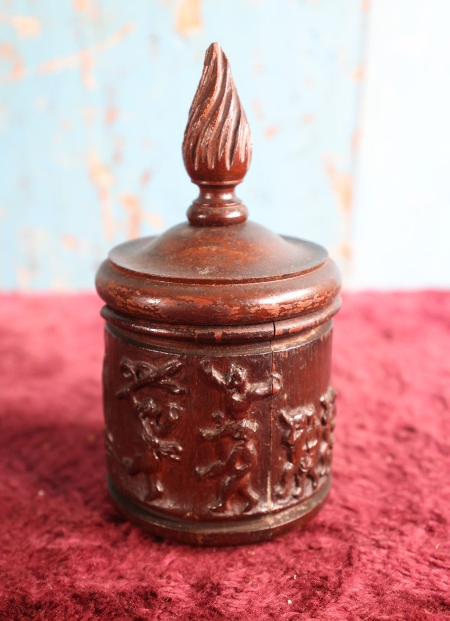 Lot 074 - Vintage Hand Carved Folk Art Wooden Round Box With Carved Dancing Bears, Lid, Note Losses To Rim, Cracks, Etc