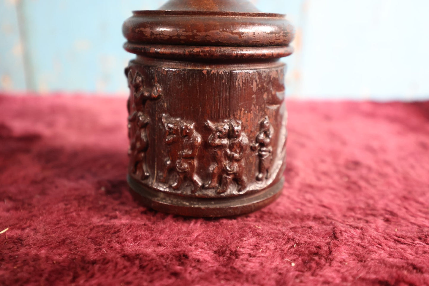 Lot 074 - Vintage Hand Carved Folk Art Wooden Round Box With Carved Dancing Bears, Lid, Note Losses To Rim, Cracks, Etc