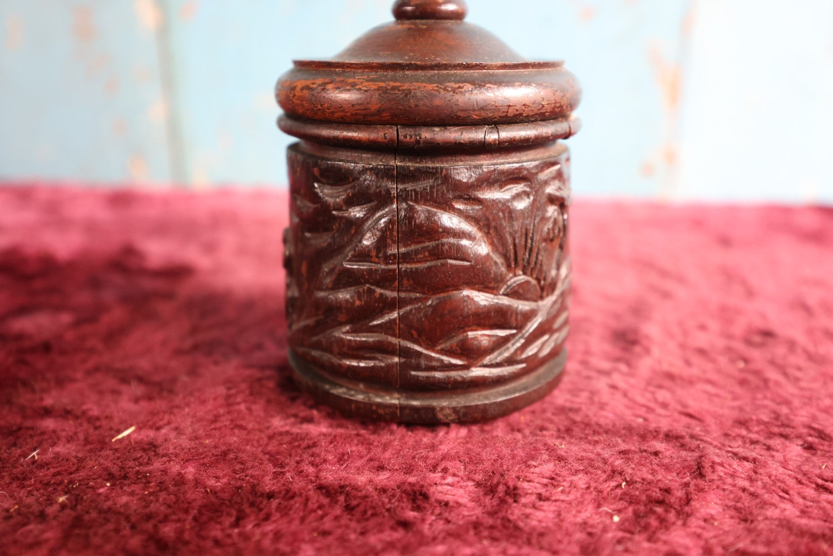 Lot 074 - Vintage Hand Carved Folk Art Wooden Round Box With Carved Dancing Bears, Lid, Note Losses To Rim, Cracks, Etc