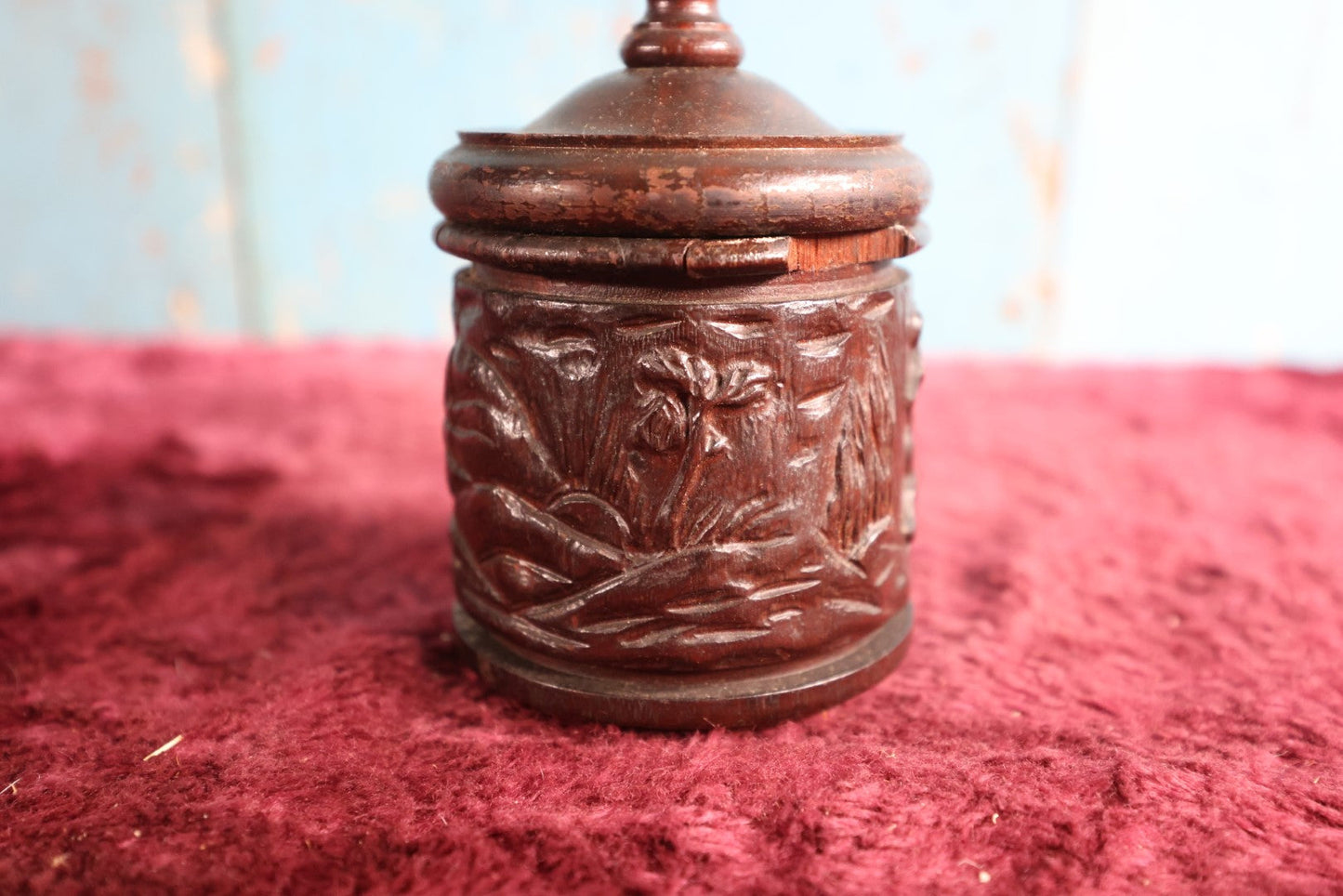 Lot 074 - Vintage Hand Carved Folk Art Wooden Round Box With Carved Dancing Bears, Lid, Note Losses To Rim, Cracks, Etc