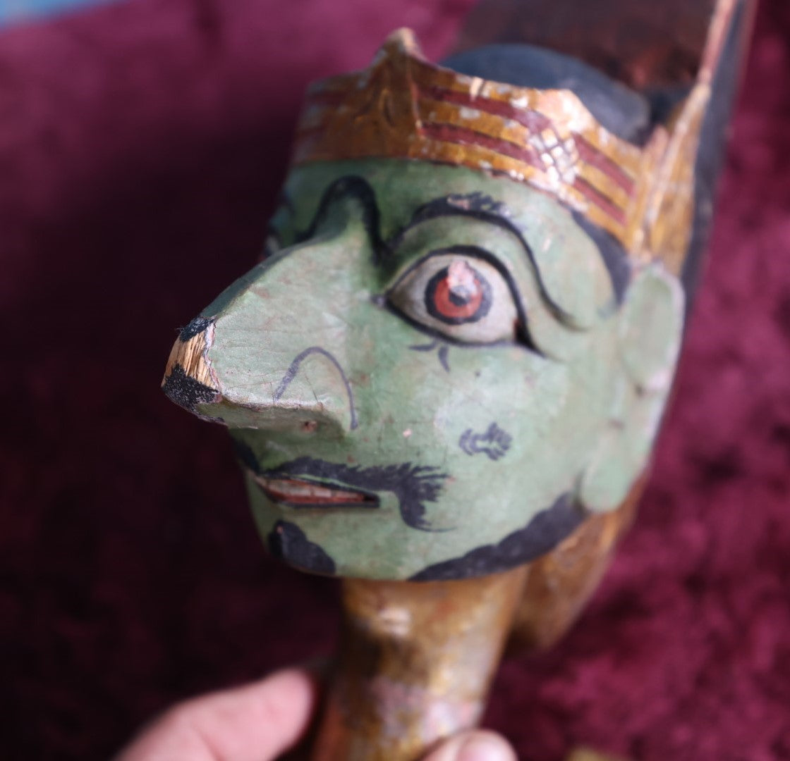 Lot 075 - Antique Hand Carved Thai Or Indonesian Puppet Head, Wooden, Hand Painted, With Partial Body And Clothes