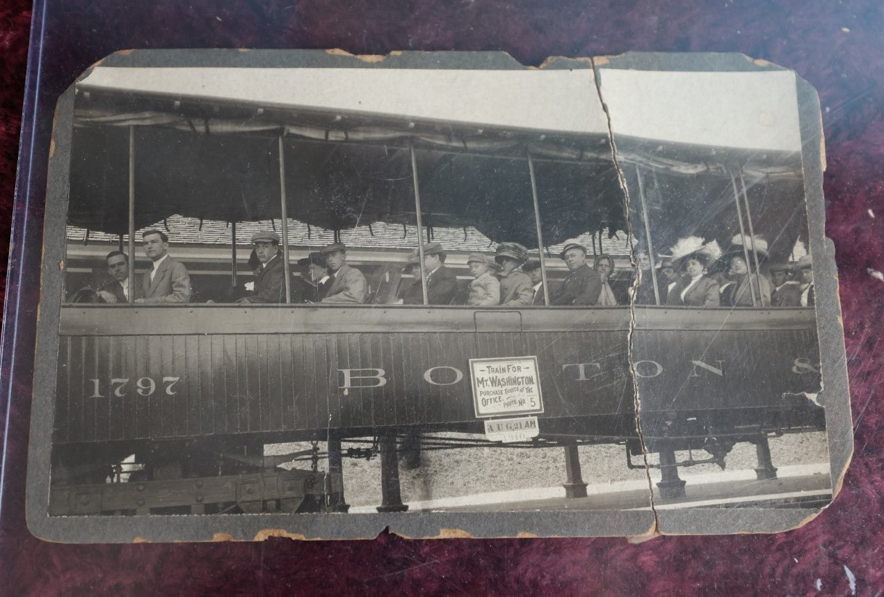 Lot 077 - Antique Cabinet Card Photo Of Train Car With Passengers, Mount Washington Boston Train, Note Severe Damage, Losses, By Peter Eddy Photographer, Fabyan House, New Hampshire