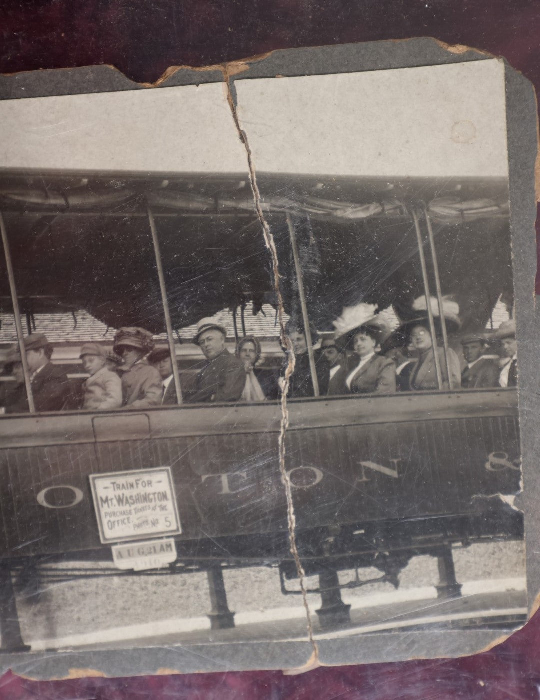 Lot 077 - Antique Cabinet Card Photo Of Train Car With Passengers, Mount Washington Boston Train, Note Severe Damage, Losses, By Peter Eddy Photographer, Fabyan House, New Hampshire