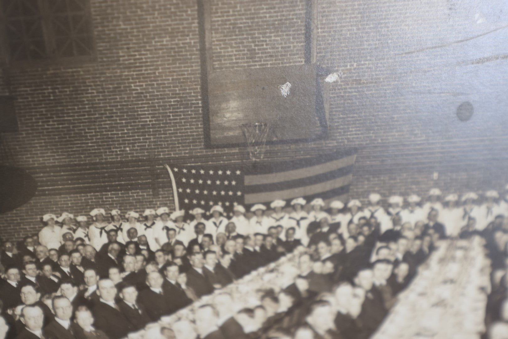 Lot 081 - Antique Boarded Group Photo Of Many Men, Young Boys, Flag In Background