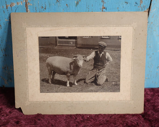 Lot 085 - Antique Boarded Photo Of Man With Curly Horned Sheep