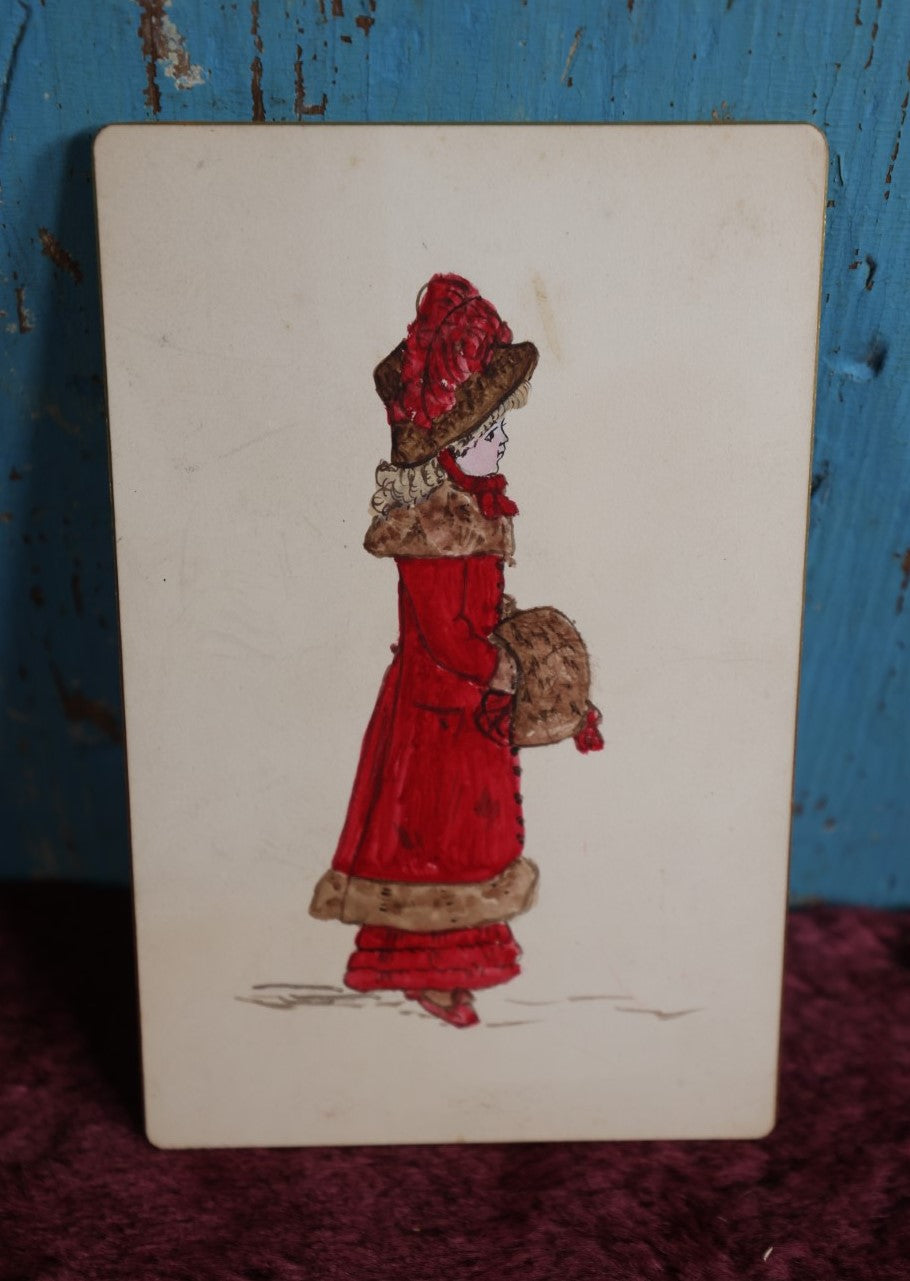 Lot 087 - Antique Hand Painted Cabinet Card Of Woman In Red, Wishing You A Merry Christmas, 1881, Original Drawing By Constance Gibbons Sent To Mary Howe Gibbons