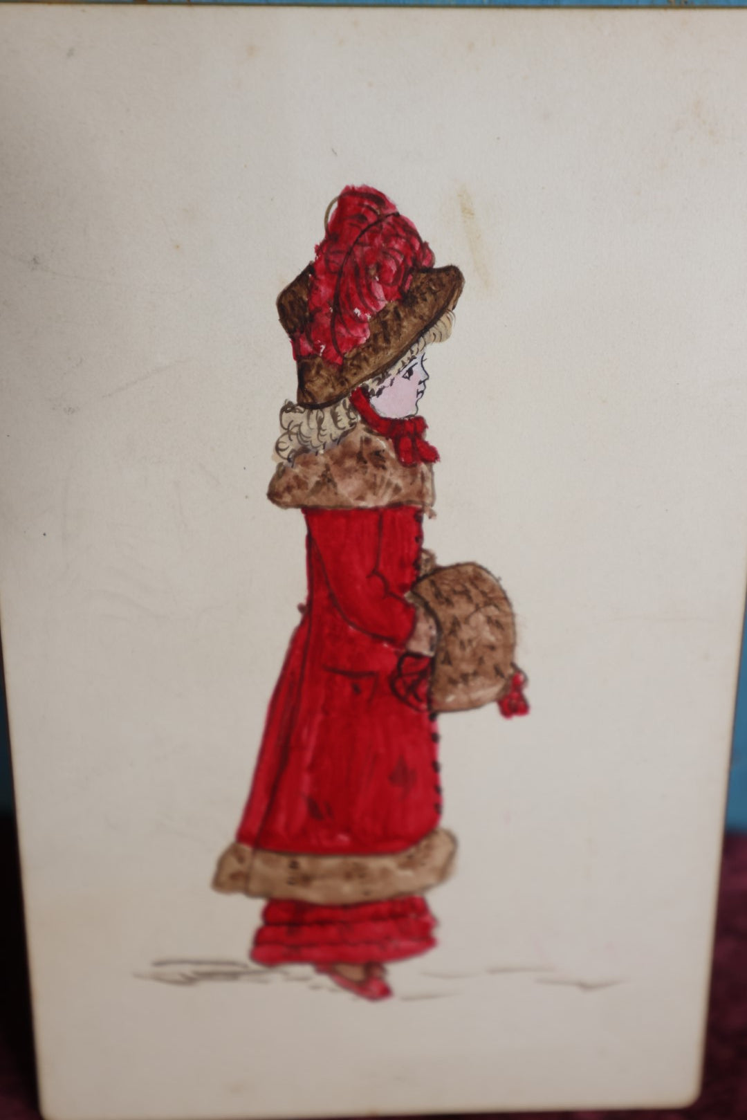 Lot 087 - Antique Hand Painted Cabinet Card Of Woman In Red, Wishing You A Merry Christmas, 1881, Original Drawing By Constance Gibbons Sent To Mary Howe Gibbons