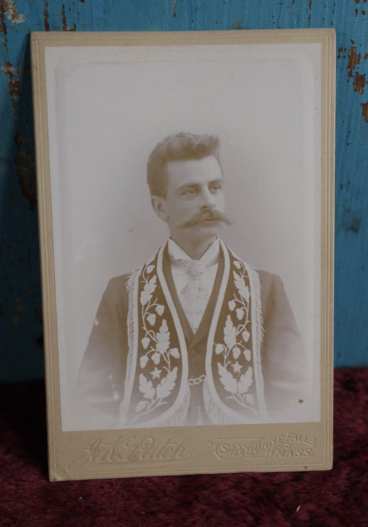 Lot 088 - Antique Cabinet Card Photograph Of Odd Fellow, Mustached Man, Wearting Collar Sash, J.K. Patch Photographer, Shelburne Falls, Massachusetts