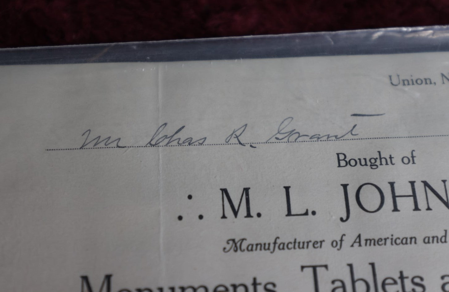 Lot 104 - Antique Funeral Ephemera, M.L. Johnson Manufacturer Of American And Italian Marble, Monuments, Headstones, Gravestones, Union, New Hampshire, Dated 1912