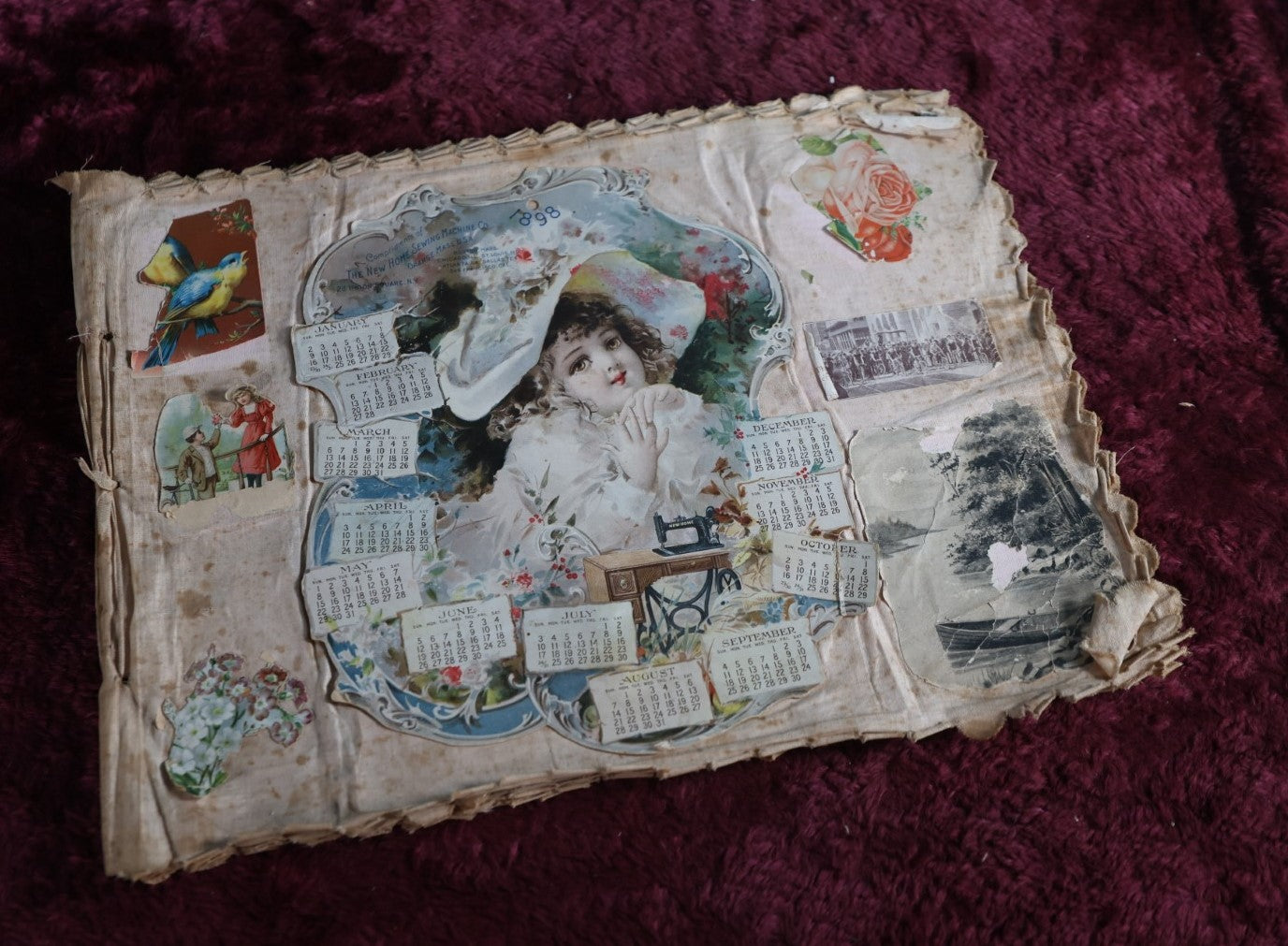 Lot 108 - Victorian Cloth Scrapbook With Many Scraps, Trade Cards, Die Cuts, Calendars, And More