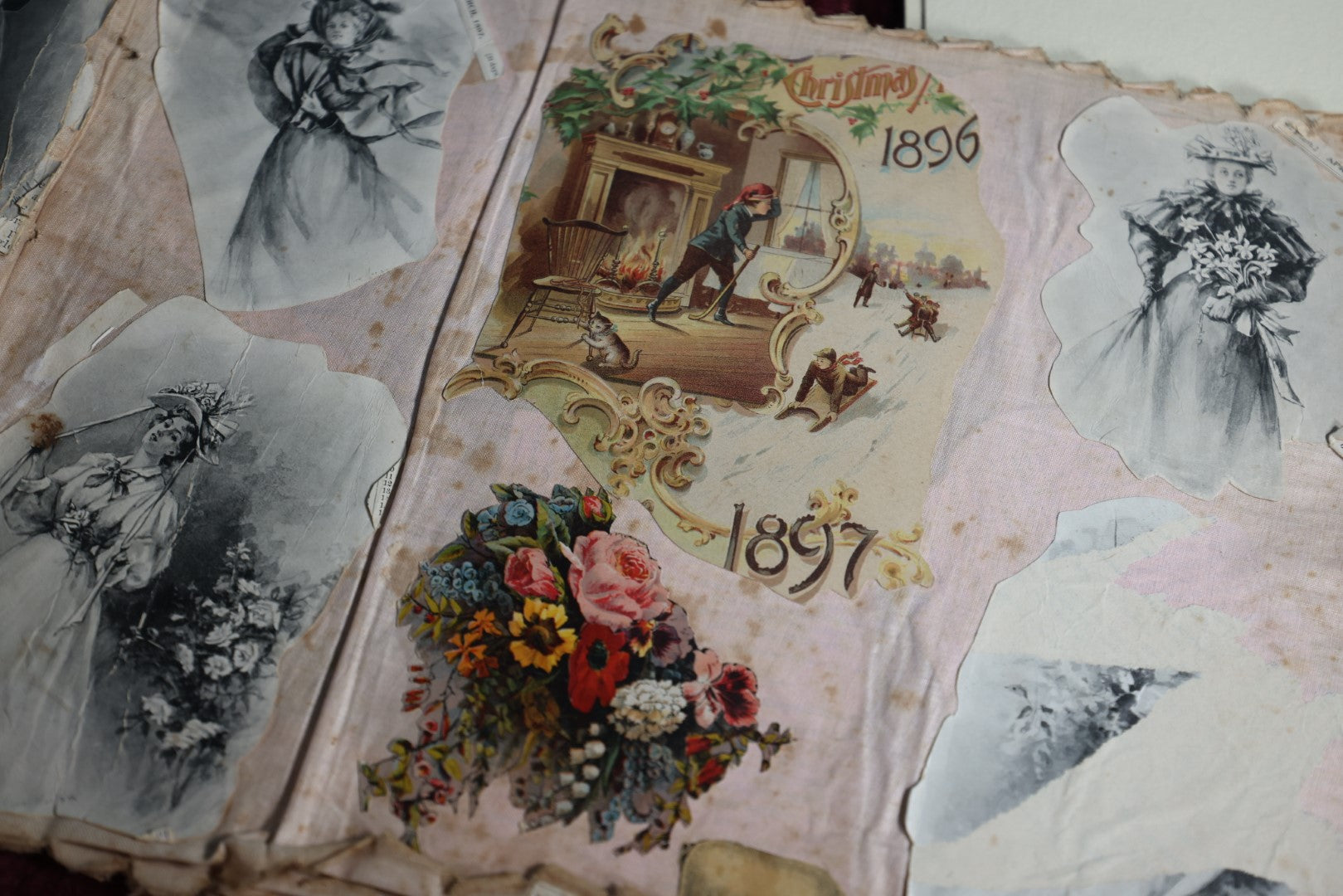 Lot 108 - Victorian Cloth Scrapbook With Many Scraps, Trade Cards, Die Cuts, Calendars, And More