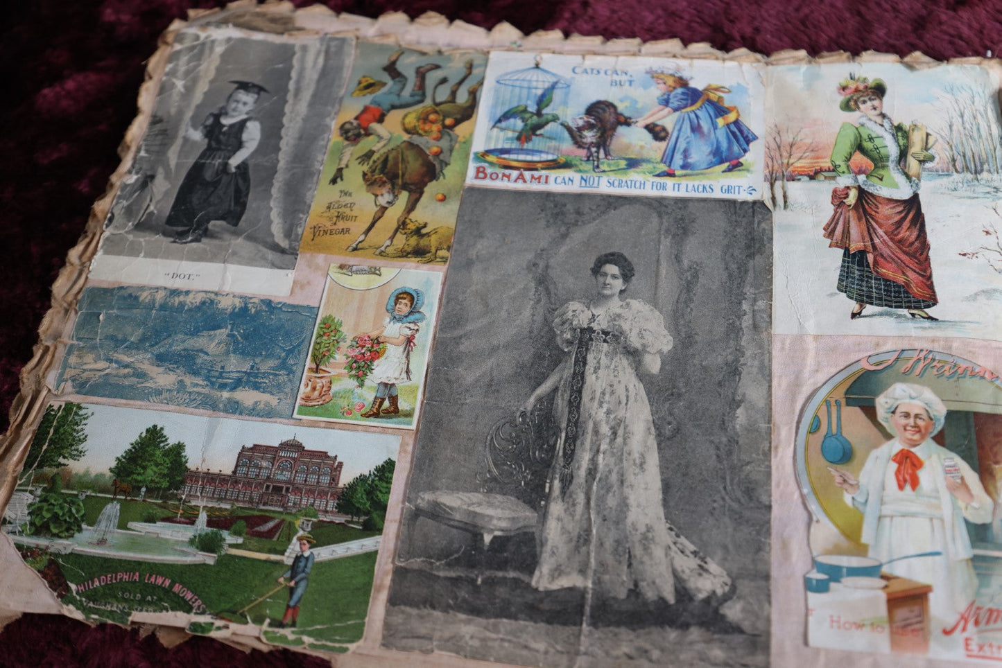 Lot 108 - Victorian Cloth Scrapbook With Many Scraps, Trade Cards, Die Cuts, Calendars, And More