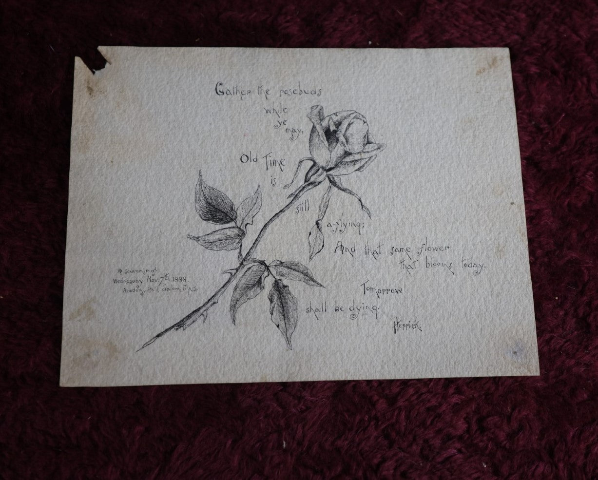 Lot 111 - Antique Rose Illustration And Herrick Poem, A Souvenir Of Wednesday, Novemeber 7Th, 1888, Academy Hall, Salem, Mass., Hand Drawn