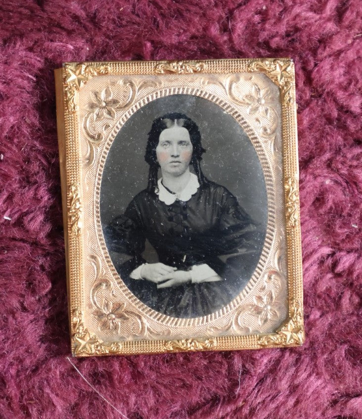 Lot 127 - Antique Matted Tintype Photograph Of Pretty Young Woman With Curls, 1/9Th Plate