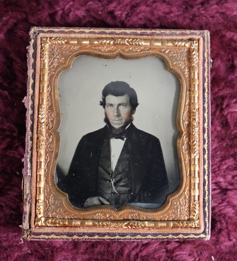 Lot 132 - Antique Ambrotype Photograph Of Handsome Young Bearded Man With Watch Chain, In Half Leatherette Union Case, 1/6Th Plate