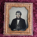 Lot 132 - Antique Ambrotype Photograph Of Handsome Young Bearded Man With Watch Chain, In Half Leatherette Union Case, 1/6th Plate