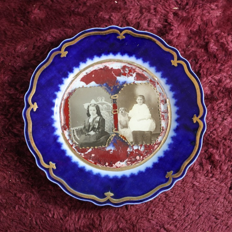 Lot 133 - Antique Porcelain Plate With Unique Photo Application, Two Young Girls, One With Dog, Vera Cole From Aunt Jeannette, Note Losses To Paint, Wear To Glue Holding Glass Photo Sheet