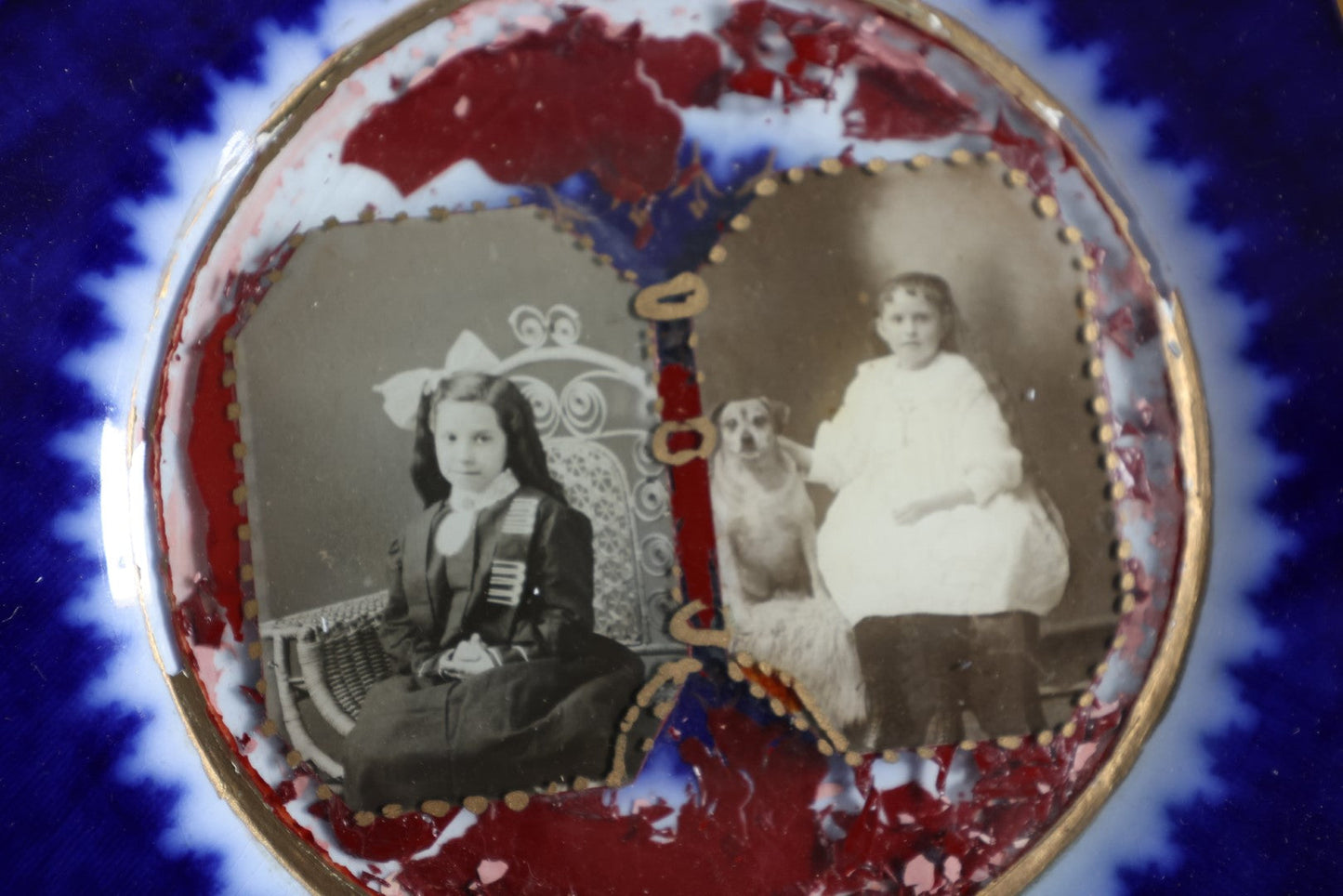 Lot 133 - Antique Porcelain Plate With Unique Photo Application, Two Young Girls, One With Dog, Vera Cole From Aunt Jeannette, Note Losses To Paint, Wear To Glue Holding Glass Photo Sheet